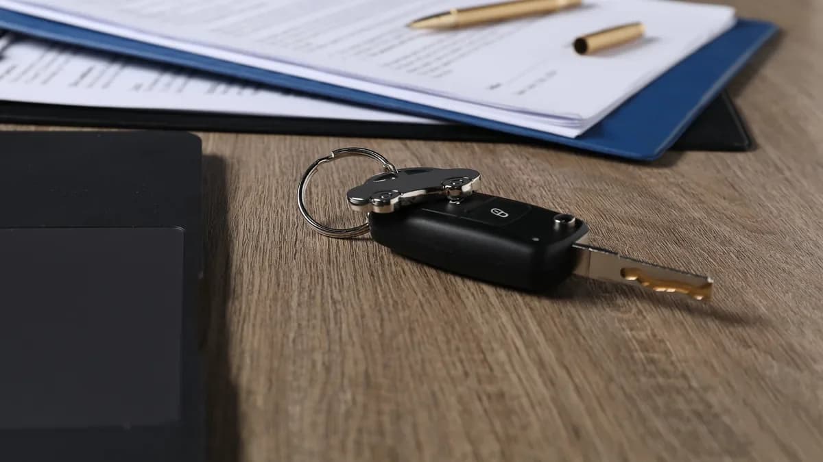 Car key on a wooden table beside a clipboard of sale paperwork and a pen