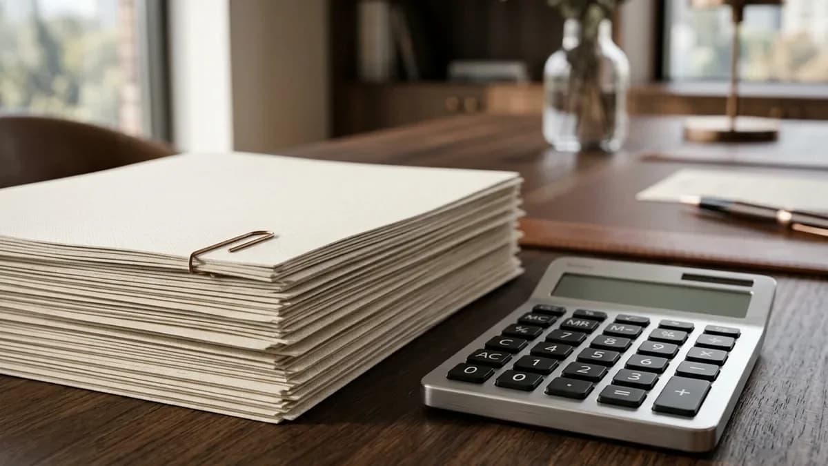 A tall stack of paper documents beside a calculator on a wooden desk