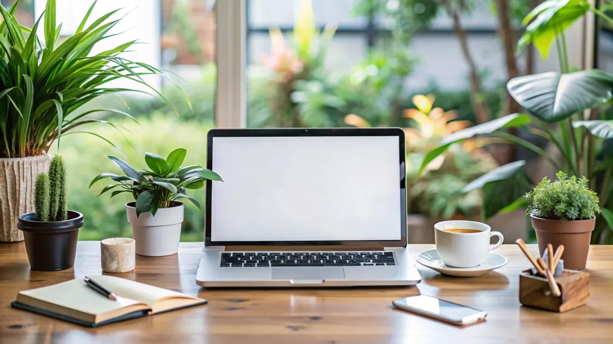 Laptop with a blank screen on a timber desk with an open notebook, coffee cup and potted plants