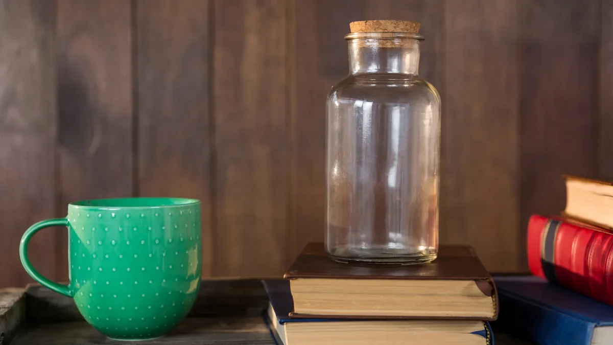 An empty glass jar with a cork lid on a stack of old books beside a green mug
